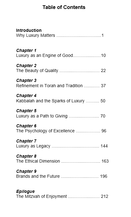 Luxury is a Mitzvah Table of Contents